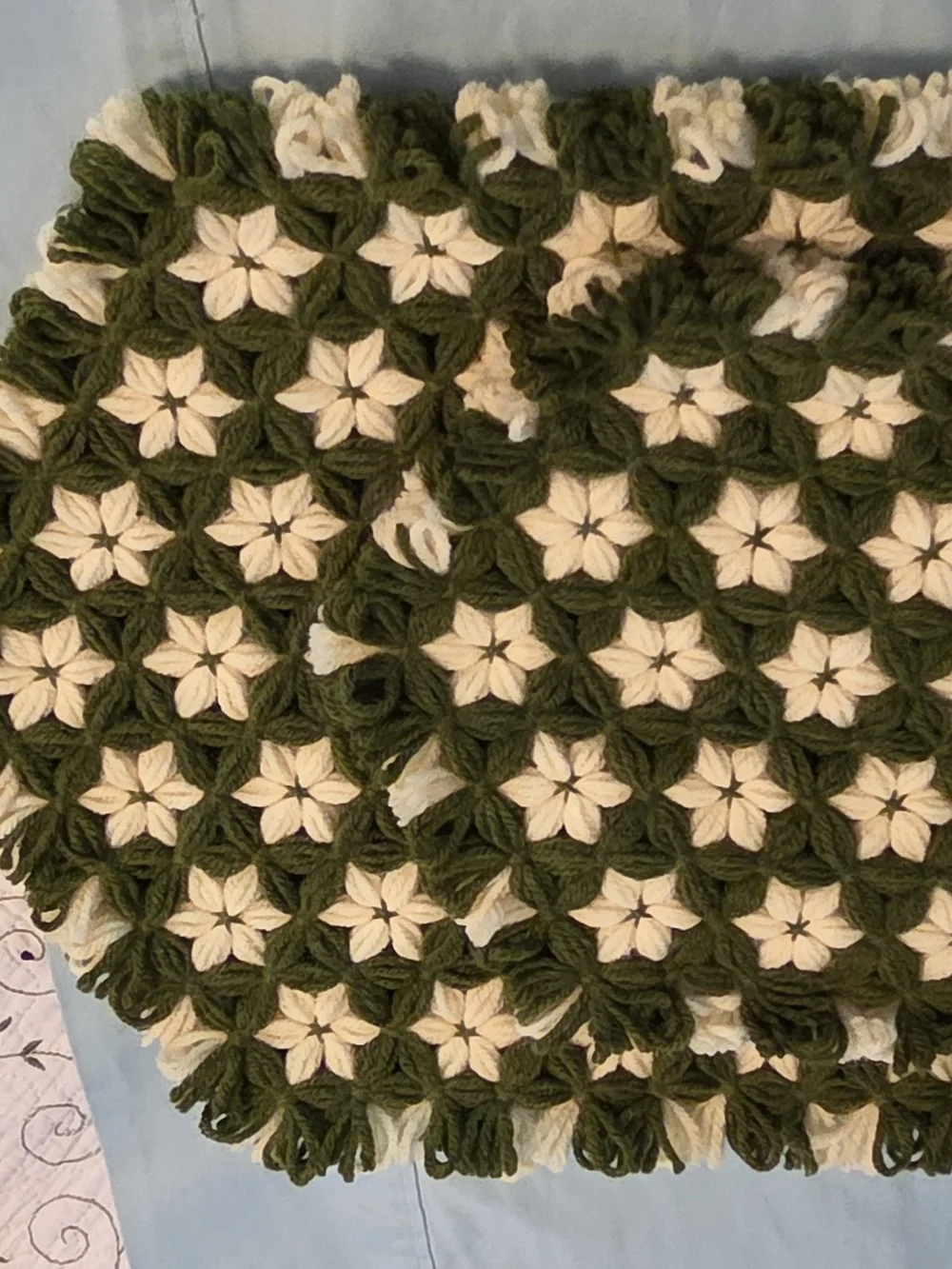 Handcrafted Green and Cream Crochet Table Runner